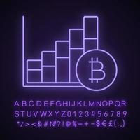 Bitcoin market growth chart neon light icon. Cryptocurrency prices rising. Statistics diagram with bitcoin sign. Glowing sign with alphabet, numbers and symbols. Vector isolated illustration