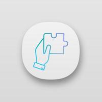 Finding solution app icon. UI UX user interface. Problem solving. Teamwork. Hand holding puzzle. Web or mobile application. Vector isolated illustration