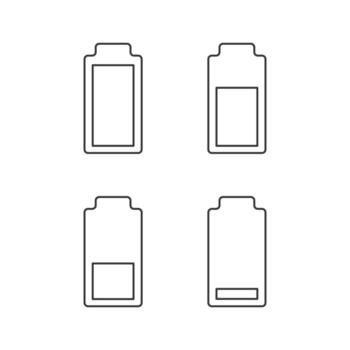 Battery charging linear icons set. Battery level indicators. Low, middle and high charge. Thin line contour symbols. Isolated vector outline illustrations. Editable stroke