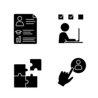 Business management glyph icons set. Resume, online training, solution searching, staff hiring button. Silhouette symbols. Vector isolated illustration