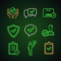 Approve neon light icons set. Quality service, approved chat, delivery, security, dialog, stamp, task planning, voter, clipboard with checkmark. Glowing signs. Vector isolated illustrations