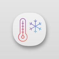 Winter temperature app icon. UI UX user interface. Frosty and cold weather. Thermometer with snowflake. Web or mobile application. Vector isolated illustration