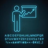 Presentation neon light icon. Marketer. Market analysis. Lecture. Business training. Glowing sign with alphabet, numbers and symbols. Vector isolated illustration