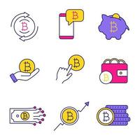 Bitcoin cryptocurrency color icons set. Bitcoin exchange, cryptocurrency chat, piggy bank, pay per click, wallet, digital money, market growth, coins stack. Isolated vector illustrations