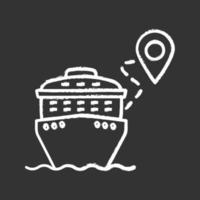 Cruise route chalk icon. Travel destinations. Cruise liner with map pinpoint. Journey, trip route planner. Travel itinerary. Isolated vector chalkboard illustration