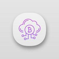 Cryptocurrency cloud mining service app icon. UI UX user interface. Bitcoin crypto mining. Cryptocurrency business. Cloud with bitcoin. Contour symbol. Web or mobile application vector
