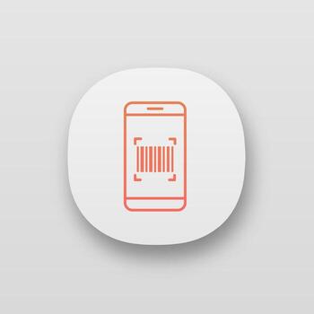 Barcode scanning app icon. Smartphone reading linear barcode. One dimensional code scanner. UI UX user interface. Web or mobile application. Vector isolated illustration
