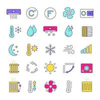 conjunto de iconos de color de aire acondicionado. calentamiento de aire, humidificación, ionización, ventilación. control climatico. ilustraciones de vectores aislados