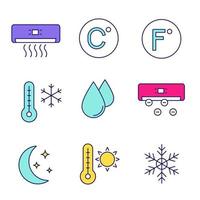 conjunto de iconos de color de aire acondicionado. acondicionador, celsius, fahrenheit, temperatura de invierno y verano, gota de agua, ionizador, modo nocturno, copo de nieve. ilustraciones de vectores aislados