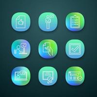 Approve app icons set. Approval document, person checking, checklist, approval chat, contract, checkbox, chatbot, certificate, approved website. UI UX user interface. Vector isolated illustrations