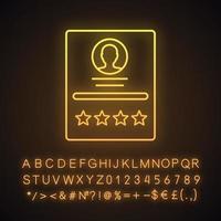 Customer review neon light icon. User profile, resume rating. Feedback. Seller rating. Glowing sign with alphabet, numbers and symbols. Vector isolated illustration