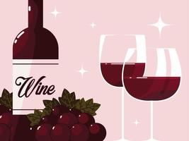 wine bottle cups and grapes vector