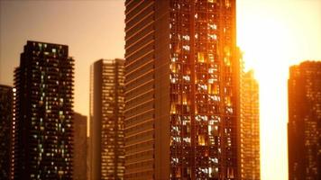 sunset aerial shot of skyscrapers of business centre video