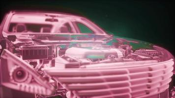 Holographic animation of 3D wireframe car model with engine video