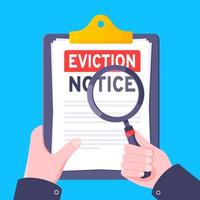 Hand holds eviction notice legal document on the clipboard with stamp, paper sheets and a pen vector illustration.