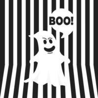 Boo ghost halloween message concept. Flying halloween funny spooky ghost character say BOO with text space in the speech bubble vector illustration isolated on black striped background.