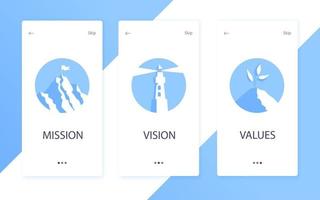 Mission, vision and values flat style design icons signs web concepts vector illustration set.