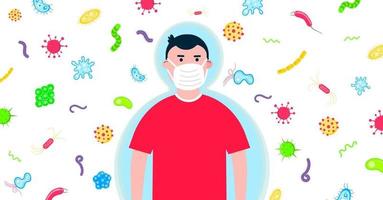 Kid boy with protection mask with bacterias and microbs behind him flat style design vector illustration isolated on white background. Flu and season diseases protection concept. Be healthy