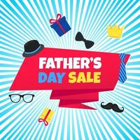 Father's day sale concept template flat style design vector illustration with big ribbon, text typography, gift boxes, hat, golden crown, mustaches, tie bow eye glasses and funny background.