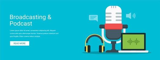 Broadcasting and podcast vector illustration banner concept in flat style. Suitable for web banners, social media, postcard, presentation and many more.