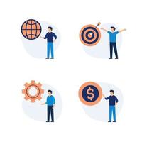 conjunto de iconos de personas de diseño plano moderno de análisis y planificación de negocios, entorno, hombre de negocios, seo, globo, objetivo, contabilidad, análisis de datos, trabajo en equipo. vector