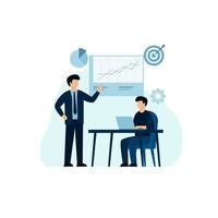 Business presentation design concept. Analysts working. Small people and laptop screen with data analysis graphs and charts. Trendy flat style. Vector illustration.