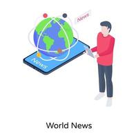 Globe with mobile, a concept of world news isometric illustration vector