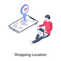 Place marker on a mobile phone with shopping trolley, man with laptop, isometric illustration of shopping location vector