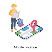 Person navigating on phone, isometric icon of mobile location vector