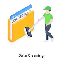 Person with mop and folder, concept of data cleaning isometric icon vector