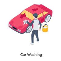 Person cleaning car, isometric icon of car washing vector