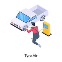 Person checking auto wheel pressure, isometric icon of tyre air vector