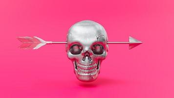 el cráneo de metal recibió un disparo en la cabeza con una flecha o un dardo. sobre fondo rosa. procesamiento 3d foto