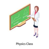 Teacher standing with board, an isometric icon of physics class vector