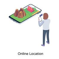 Person navigating on phone, isometric icon of mobile location vector