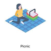 chica disfrutando afuera, ícono isométrico de picnic vector