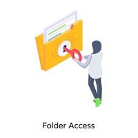 Person unlocking folder with key, isometric icon of folder access