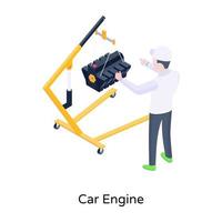 Mechanic working with car engine, isometric icon vector