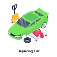 Mechanic repairing car, isometric icon with editable facility vector