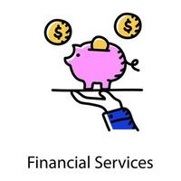 Hand with piggy money box denoting doodle icon of financial services vector