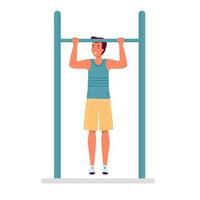 Man do workout on pull-up bar outdoor fitness lifestyle time vector illustration. isolated on white flat cartoon