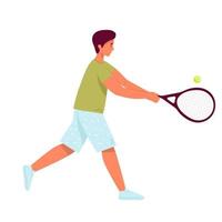 hombre jugando al tenis. Personaje plano. ilustración vectorial el hombre demuestra recibir la posición de sujeción de la raqueta. deportista jugando tenis grande. aislado en gemido. macho participando en campeonato o entrenamiento vector