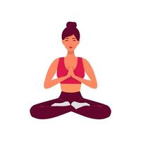 meditating woman. Vector illustration of cartoon young woman sitting in yoga lotus position surrounded by plant leaves. yoga lotus pose, women wellness concept. flat isolated on white.