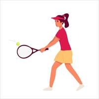 mujer jugando al tenis. Personaje plano. ilustración vectorial deportista jugando tenis grande. aislado en gemido. mujer participando en campeonato o entrenamiento vector