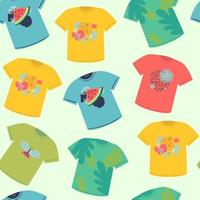 Seamless vector pattern with isolated colorful T-shirts with fashion prints on ligth background for your design