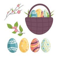 Set of easter eggs decorative. eggs, basket with eggs, branches with flesh flowers isolated on a white background Vector illustration hand drawing