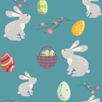 Vector seamless Easter pattern. decorative Easter eggs, with a cute bunny. Easter Bunny ,leaves background for printing on fabric, scrapbooking paper, gift wrap and wallpaper.