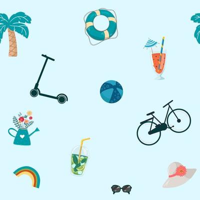 seamless summer pattern with hand drawn beach elements such as sunglasses, palm,scooter, life cycle bike, cocktail, mojito, flowers rainbow, ball, hat. Fashion print design, vector illustration