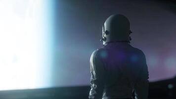 Alone astronaut in futuristic spaceship, room. 3d rendering photo