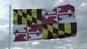 Bandera de invierno de Maryland con fondo de copos de nieve. Estados Unidos de América. representación 3d foto